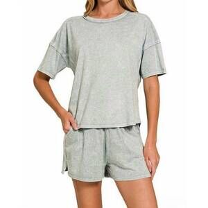 NEW VANILLA MONKEY halo snow washed short sleeve tee shorts set in grey